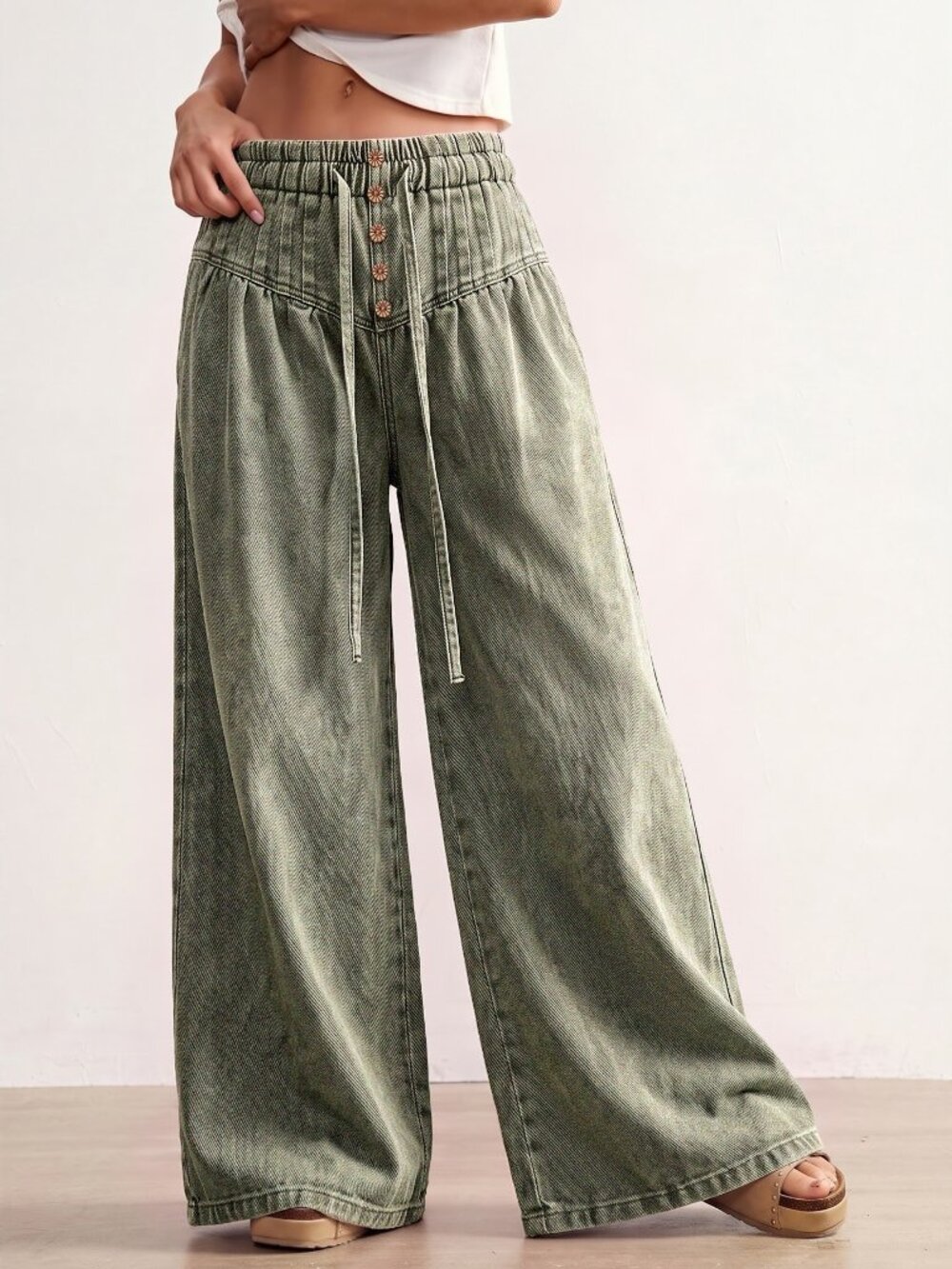 Army Green Casual Women's Woven Loose Fit Denim Jeans - Picture 5 of 7